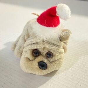Vintage Xmas Kennel Kuddles Plush Bull Dog 1980s Tara Toys Ornaments, Holiday